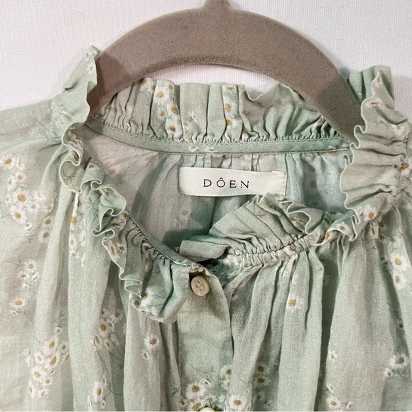 Doen blouse XS womens Green floral Cotton Lightweight top Ruffle Long tie sleeve - Picture 5 of 7